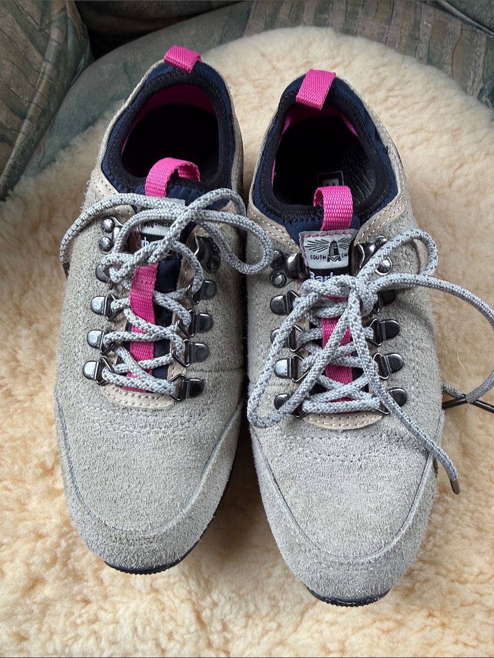 Women’s Barbour tan sneakers with pink accents in size 7.5